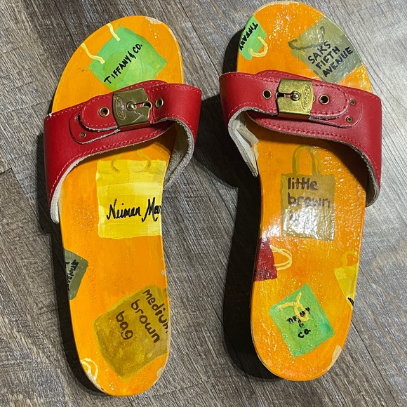 Dr. Scholl's Hand Painted Leather & Wooden Kitten Heel Sandals - Picture 4 of 9